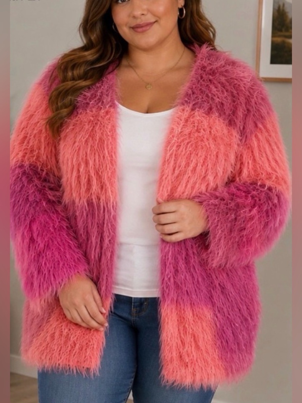 Sadie & Sage Pink Ombre Faux-Fur cardigan sweater 1X